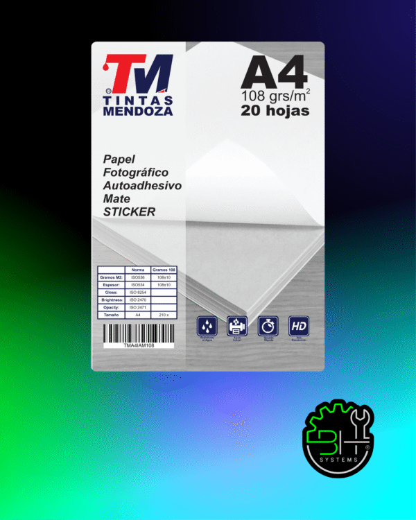 Papel Fotográfico Mate Autoadhesivo A4 108gr x 20 Hojas